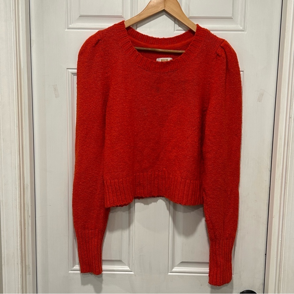 Maeve By Anthropologie Crewneck Puff Sleeve Crew Neck Sweater Red Medium